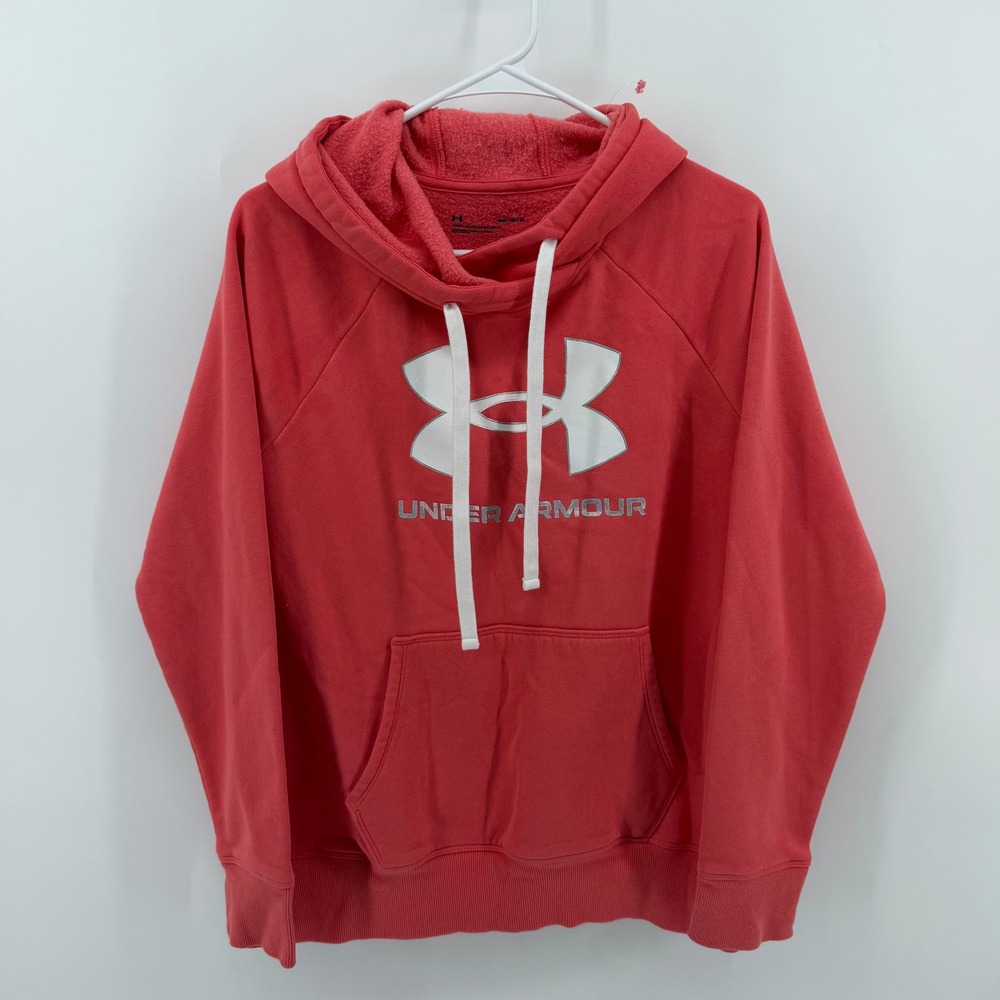 Under Armour Hoodie Womens Medium Coral Big Logo Fleece Pullover